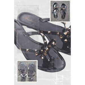 Fashion Jelly Sandals With Studded Bow Women's 8-8.5 (UK 38)  Black & Gold Casua